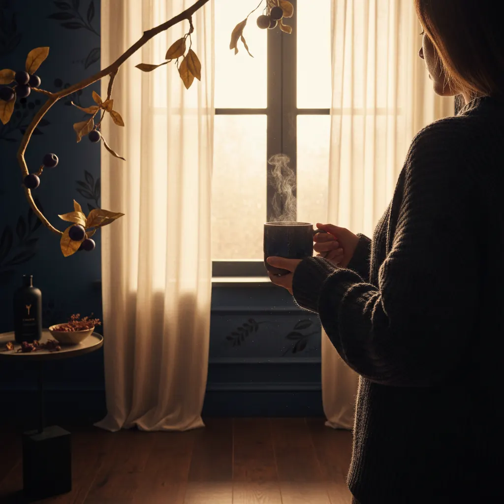 Anonymous person from behind holding a warm mug at a morning window